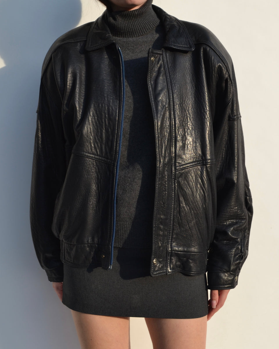 Vintage Black Leather Bomber Jacket – 23 Lux