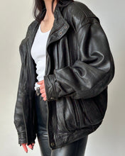Load image into Gallery viewer, Vintage Black Leather Bomber Jacket