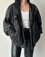 Load image into Gallery viewer, Vintage Black Leather Bomber Jacket