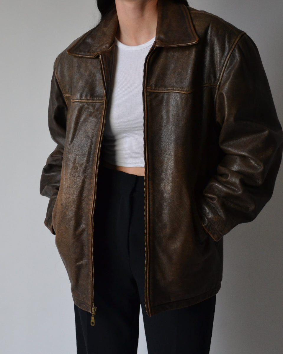 Distressed leather jacket in brown - KNWLS