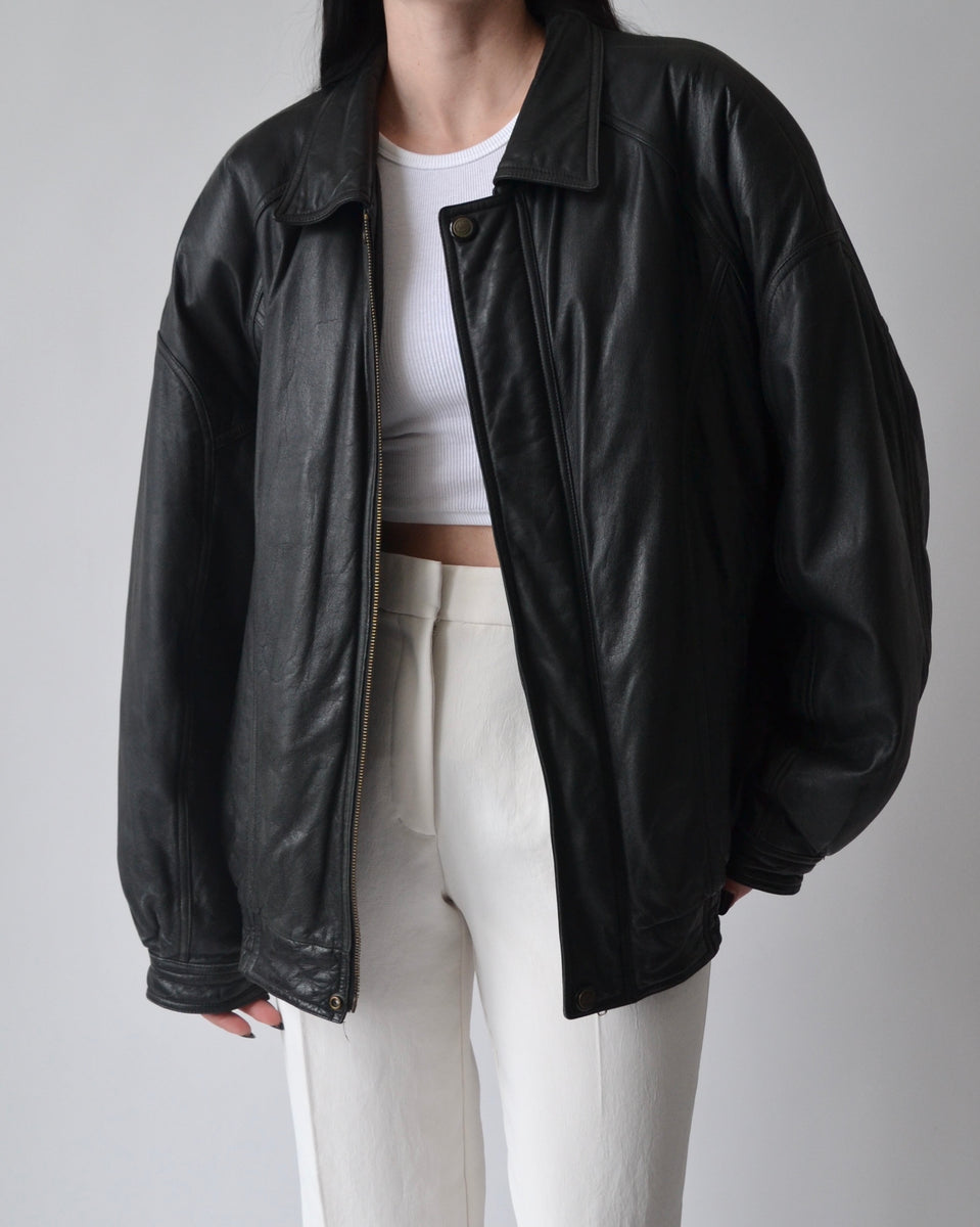 Vintage Black Leather Bomber Jacket