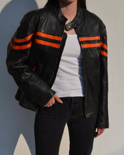 Load image into Gallery viewer, Black &amp; Orange Distressed Leather Motorcycle Jacket
