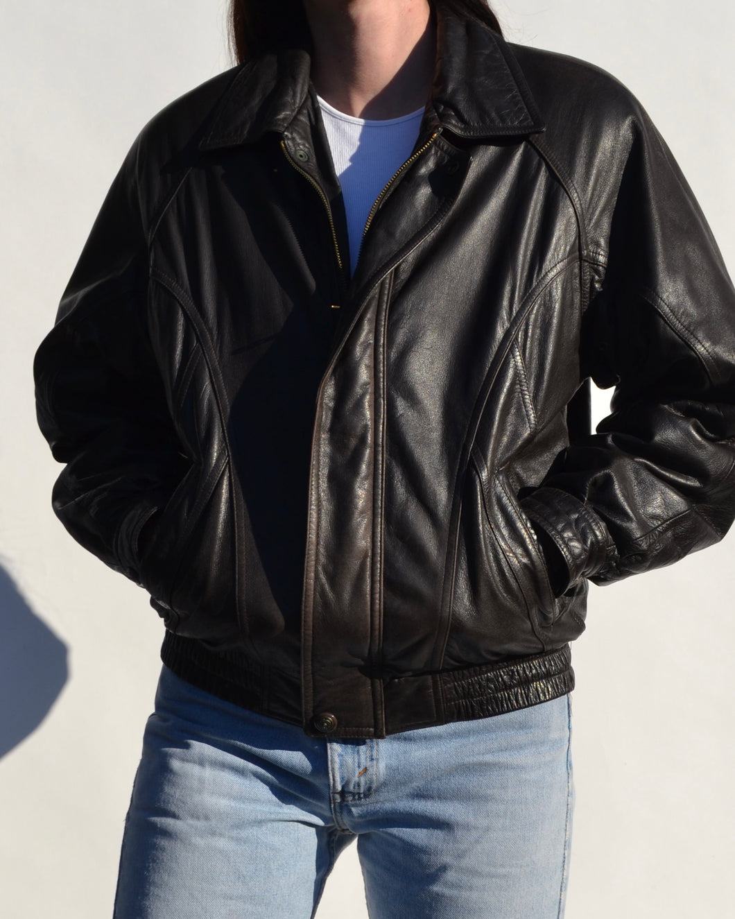 Chocolate Brown Leather Bomber Jacket