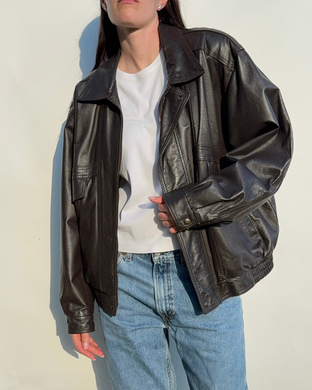 Brown Leather Bomber Jacket