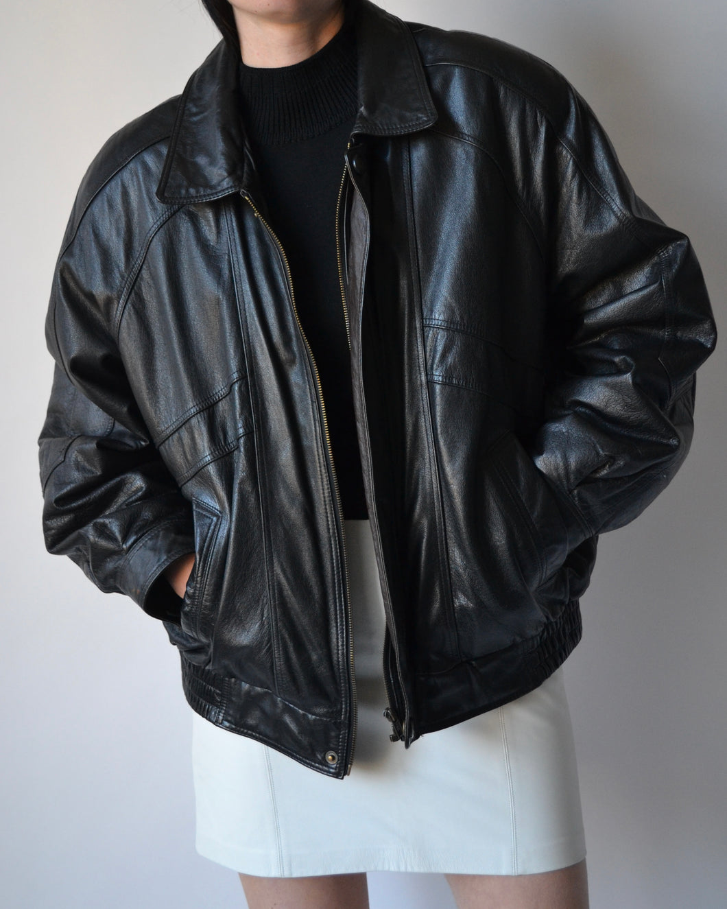 Vintage Black Leather Bomber Jacket