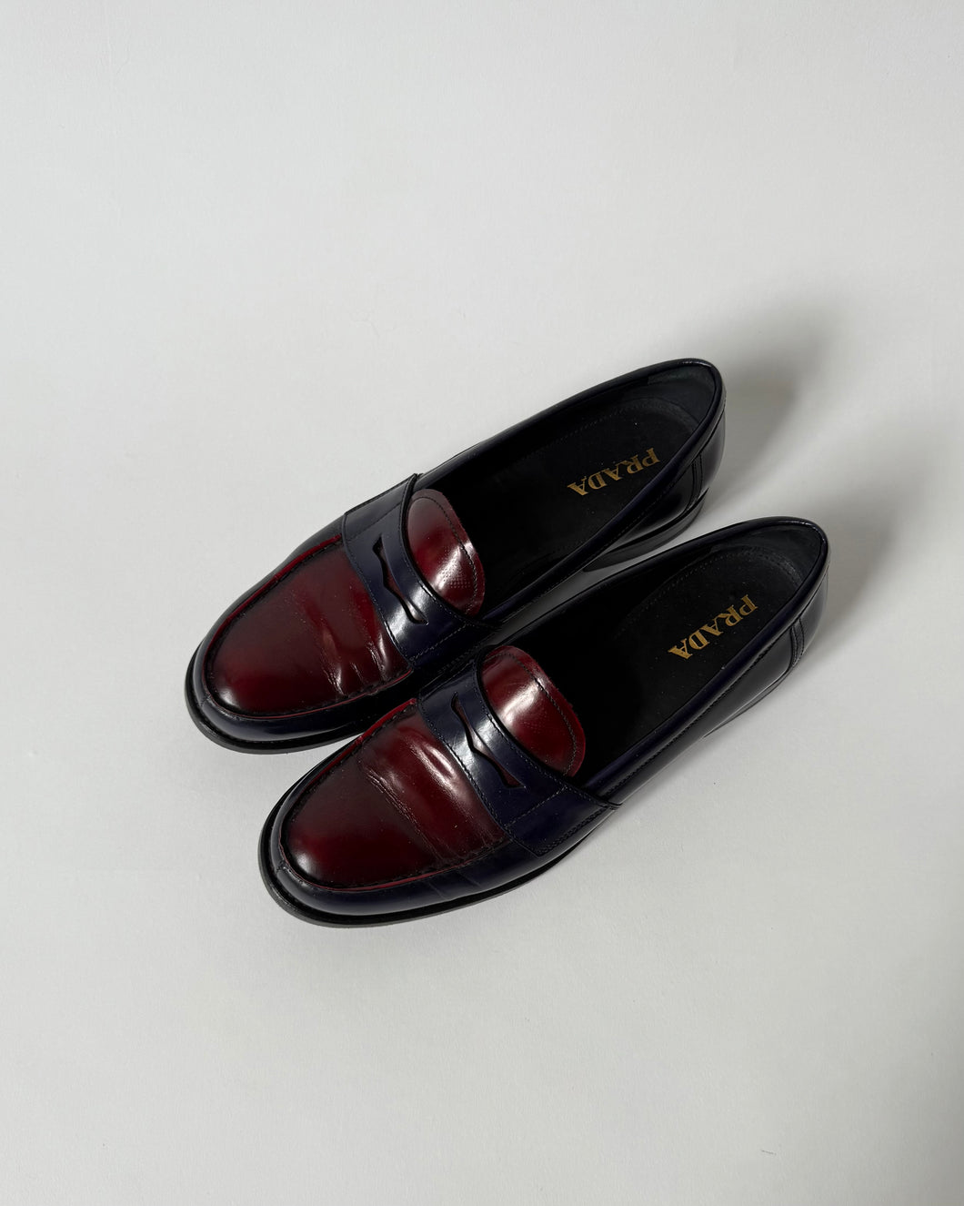 Prada Blue & Burgundy Penny Loafers