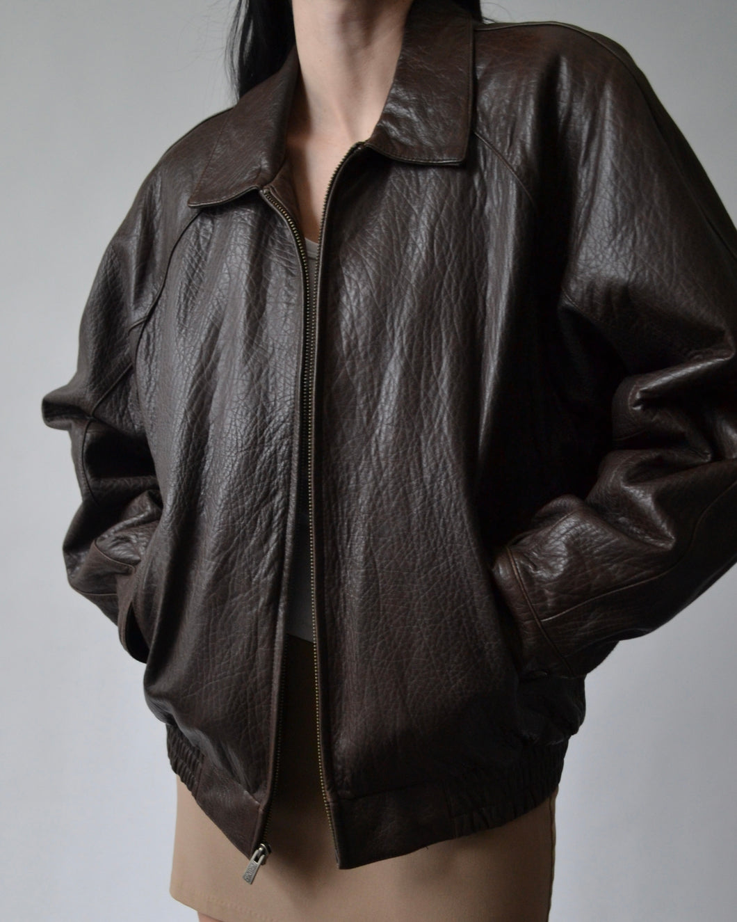 Brown Pebbled Leather Bomber Jacket