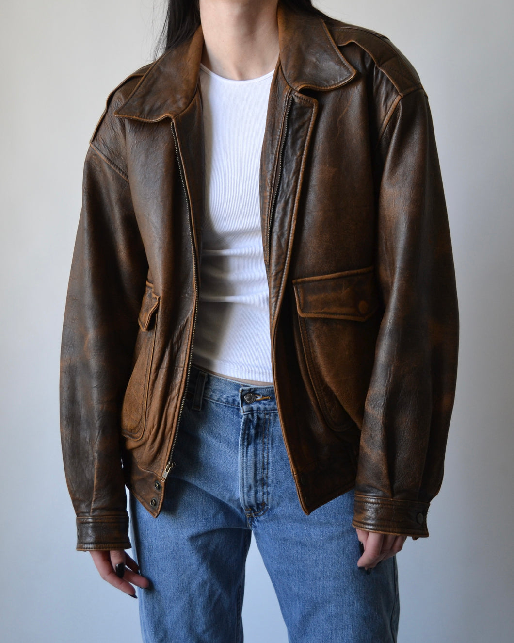 Vintage Brown Distressed Leather Bomber