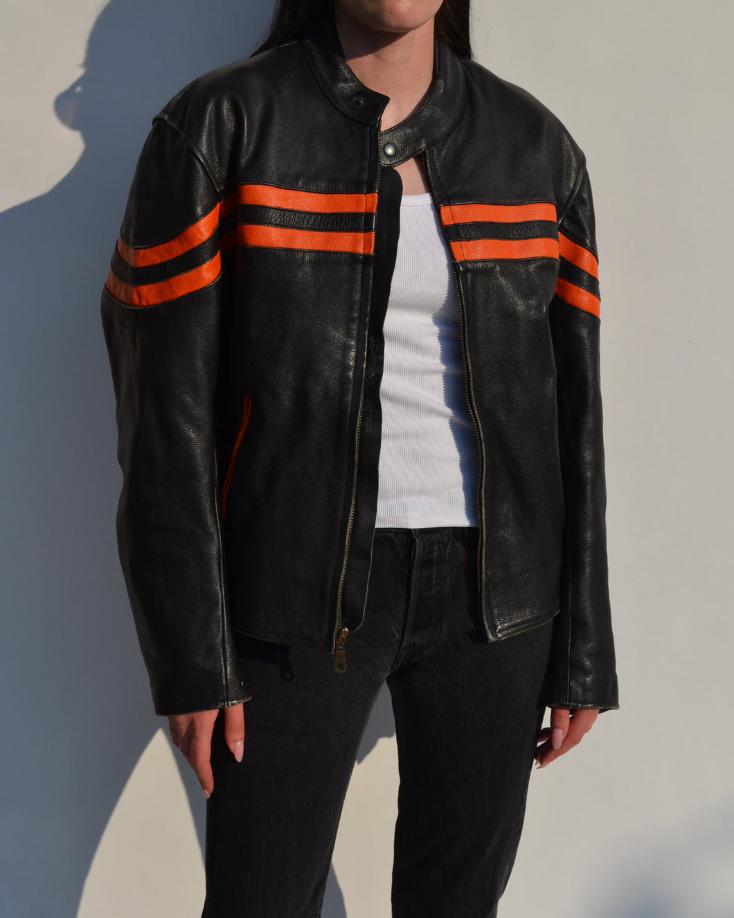 Black & Orange Distressed Leather Motorcycle Jacket