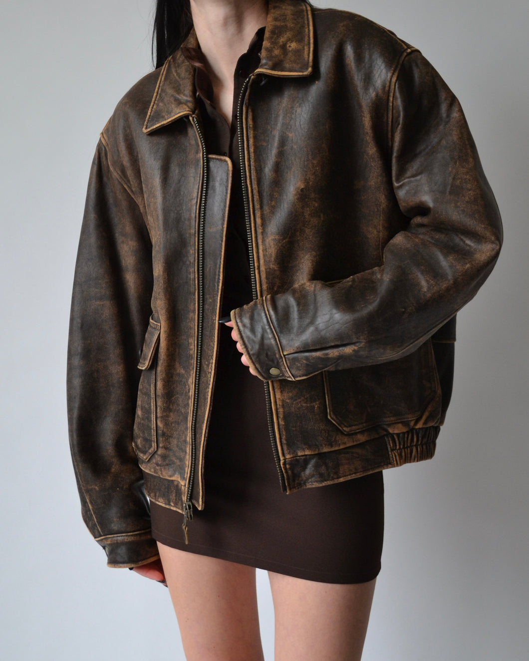 Vintage Brown Distressed Leather Bomber Jacket