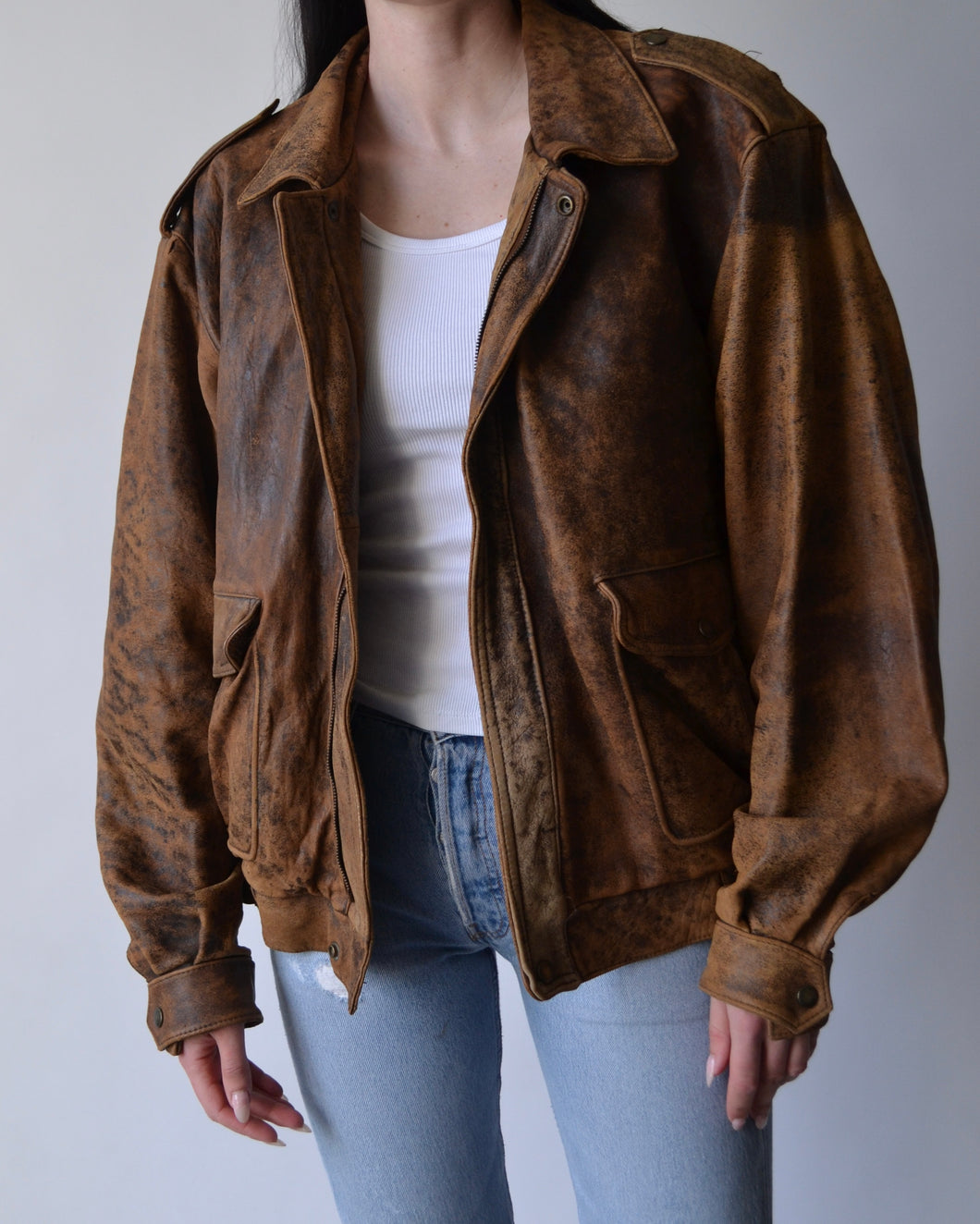 Vintage Yves Saint Laurent Distressed Leather Bomber Jacket