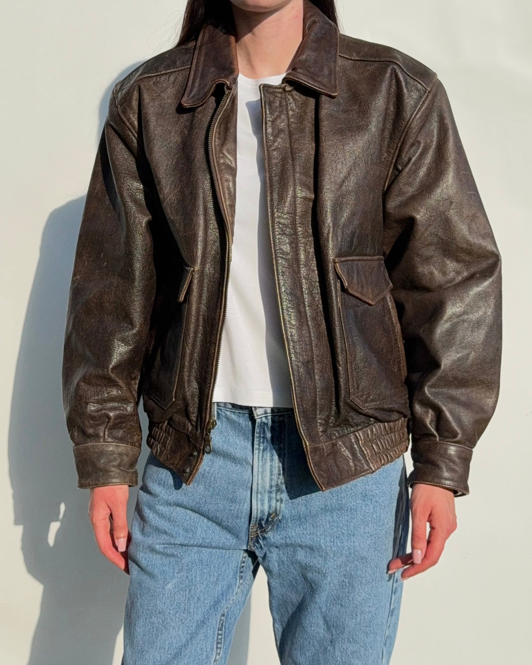 Brown Distressed Leather Bomber