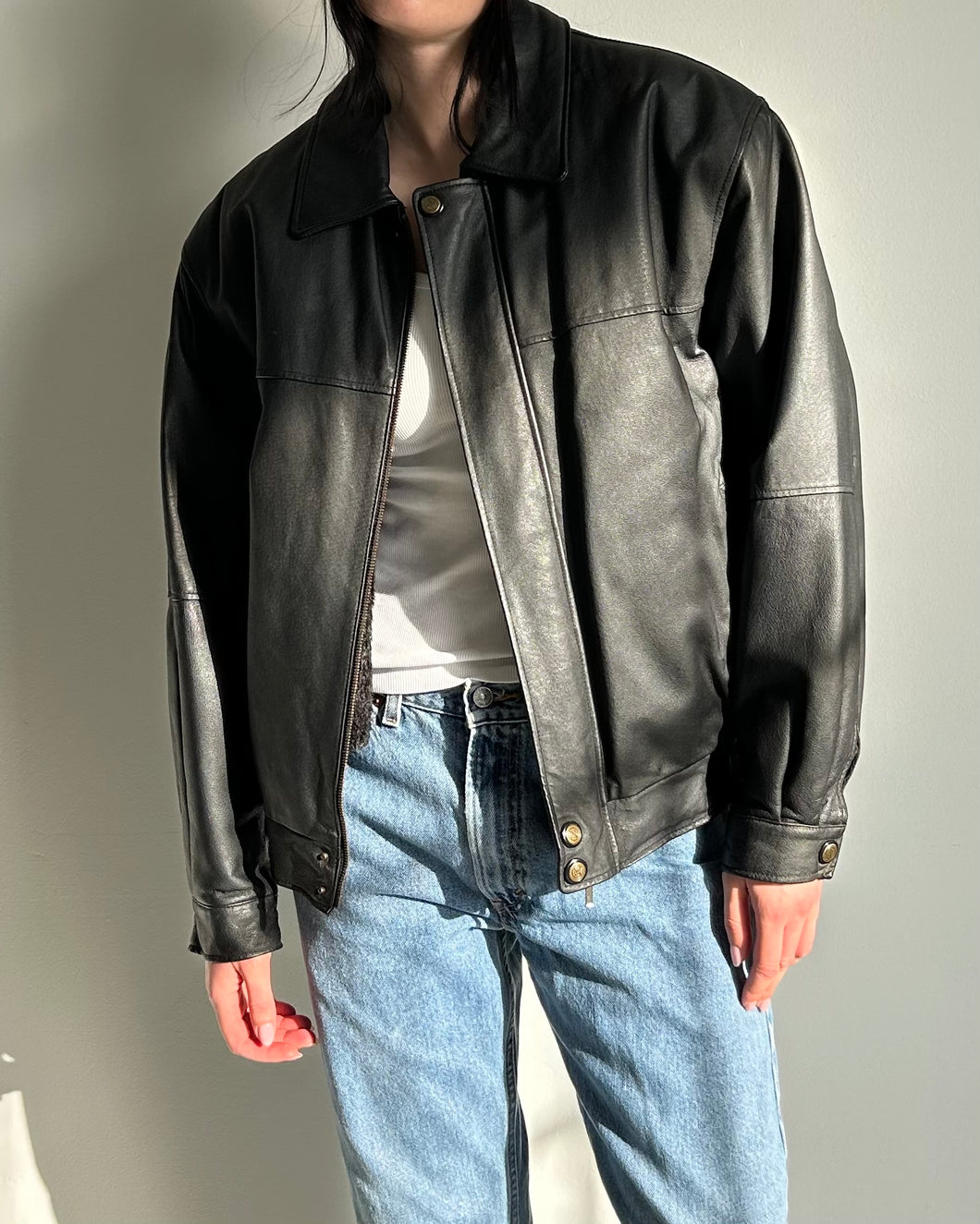 Vintage Black Leather Bomber Jacket