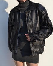 Load image into Gallery viewer, Vintage Black Leather Bomber Jacket
