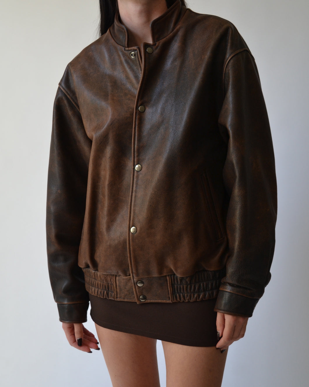 Brown Distressed Leather Bomber Jacket
