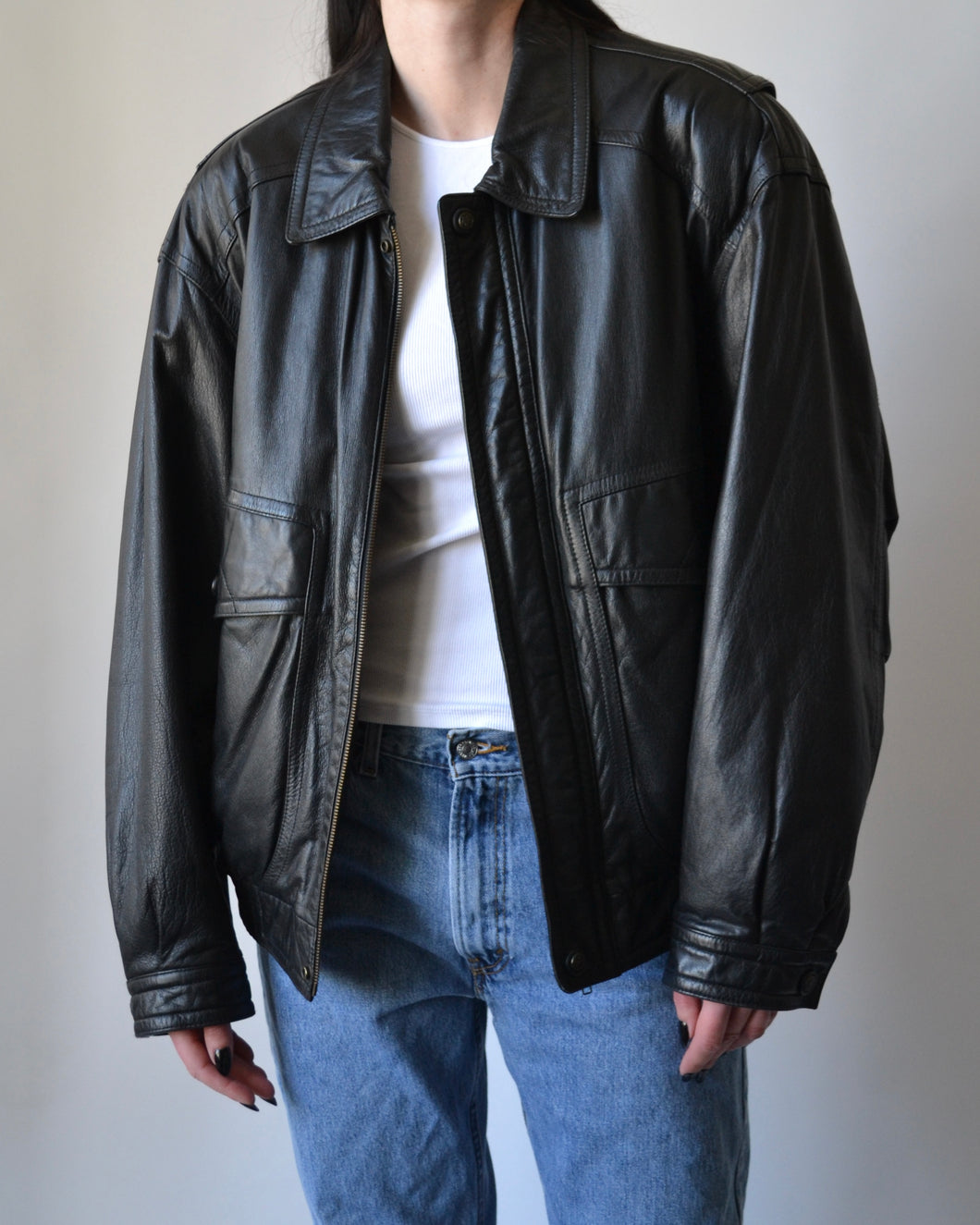 Vintage Black Leather Bomber Jacket
