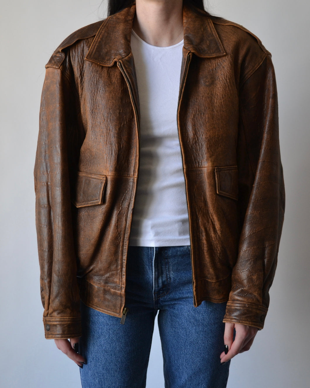 Brown Distressed Leather Bomber