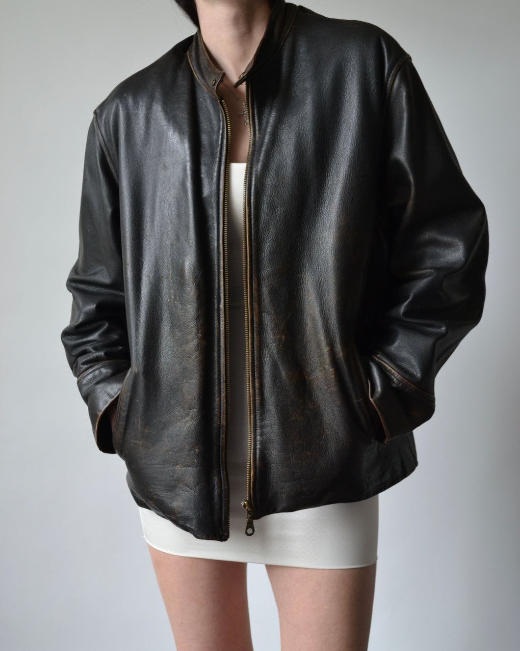 Brown Distressed Leather Moto Jacket