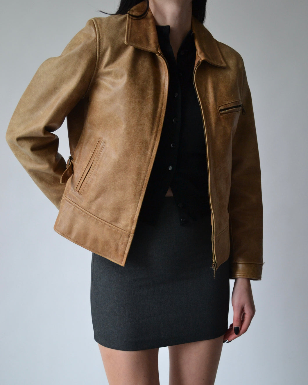 Tan Distressed Leather Jacket