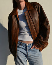 Load image into Gallery viewer, Brown Distressed Leather Bomber Jacket
