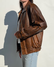 Load image into Gallery viewer, Brown Distressed Leather Bomber Jacket
