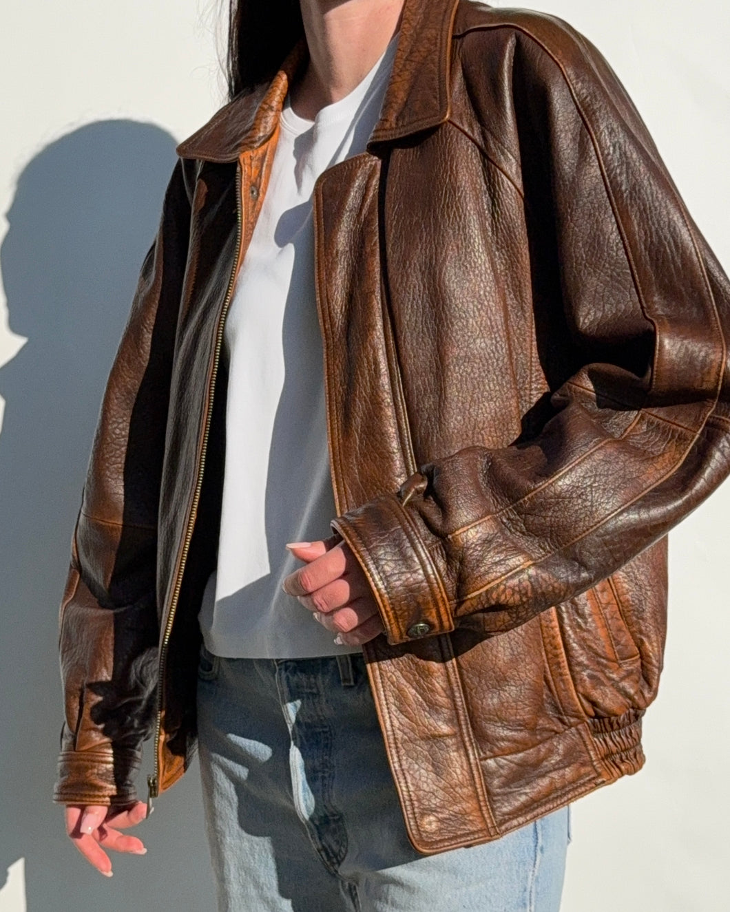 Brown Distressed Leather Bomber Jacket