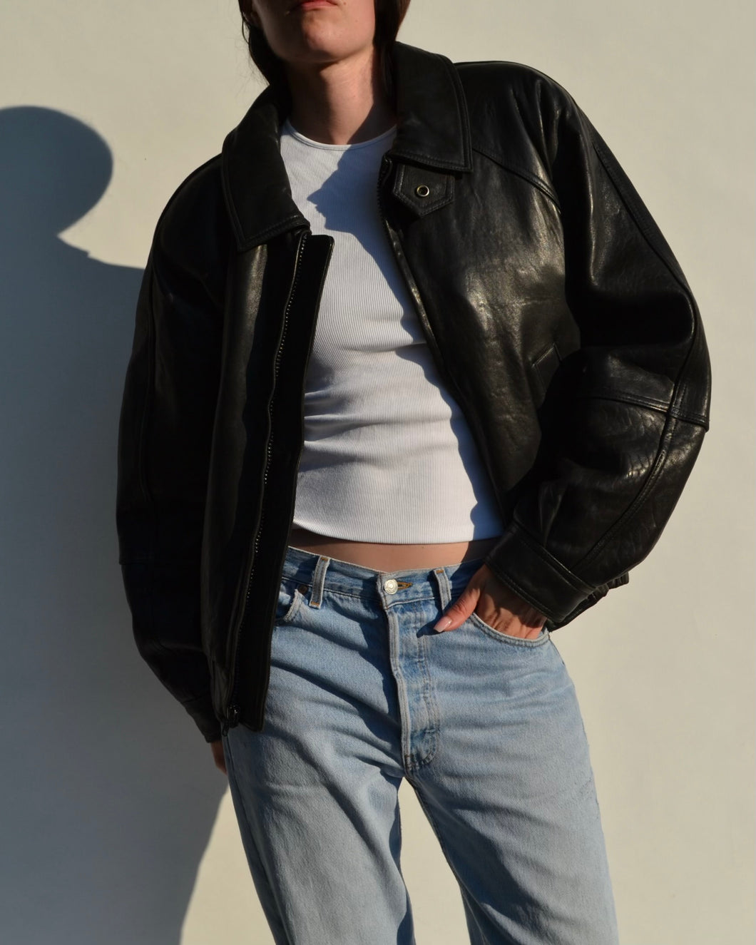 Vintage Black Leather Bomber Jacket