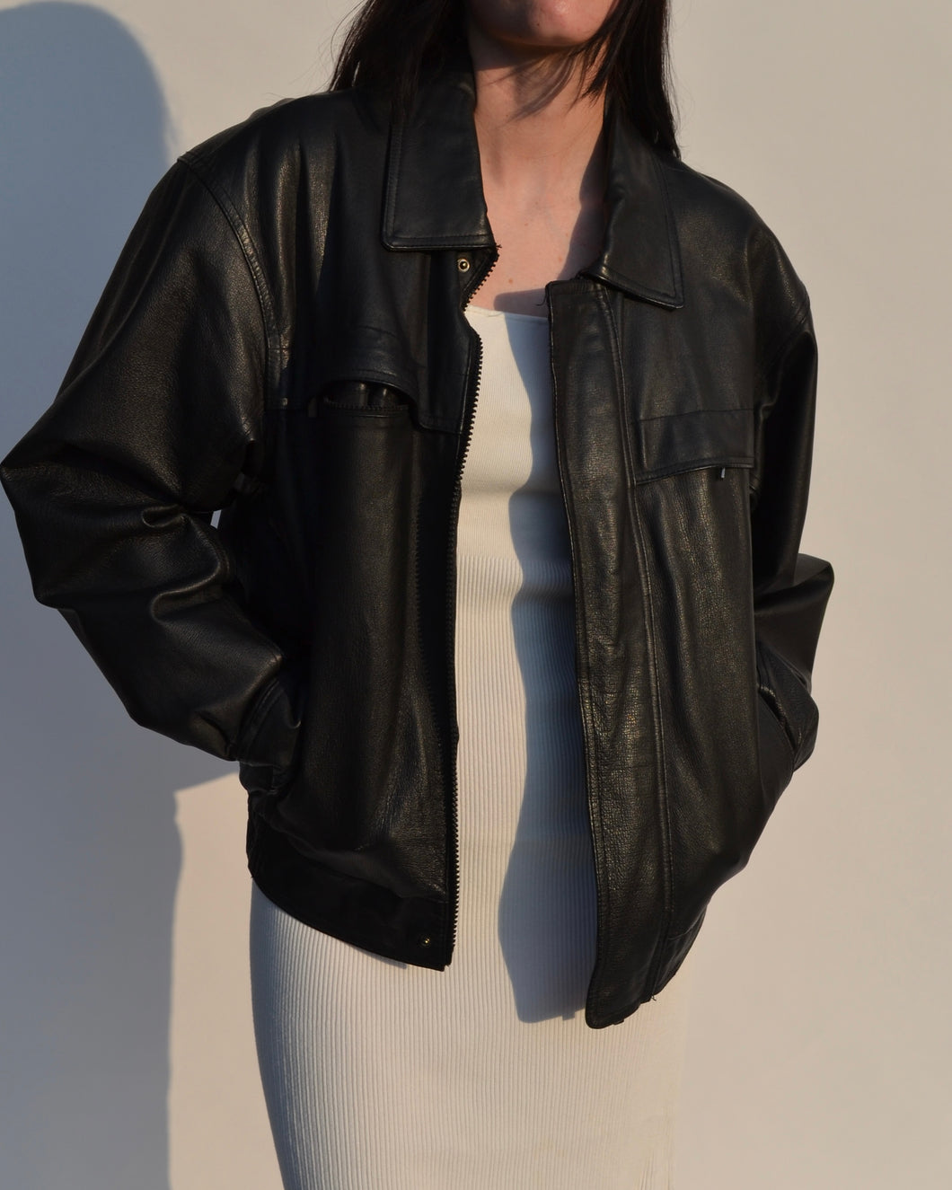 Vintage Black Leather Bomber Jacket