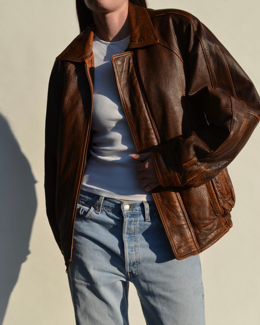 Brown Distressed Leather Bomber Jacket