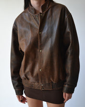 Load image into Gallery viewer, Brown Distressed Leather Bomber Jacket
