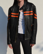 Load image into Gallery viewer, Black &amp; Orange Distressed Leather Motorcycle Jacket
