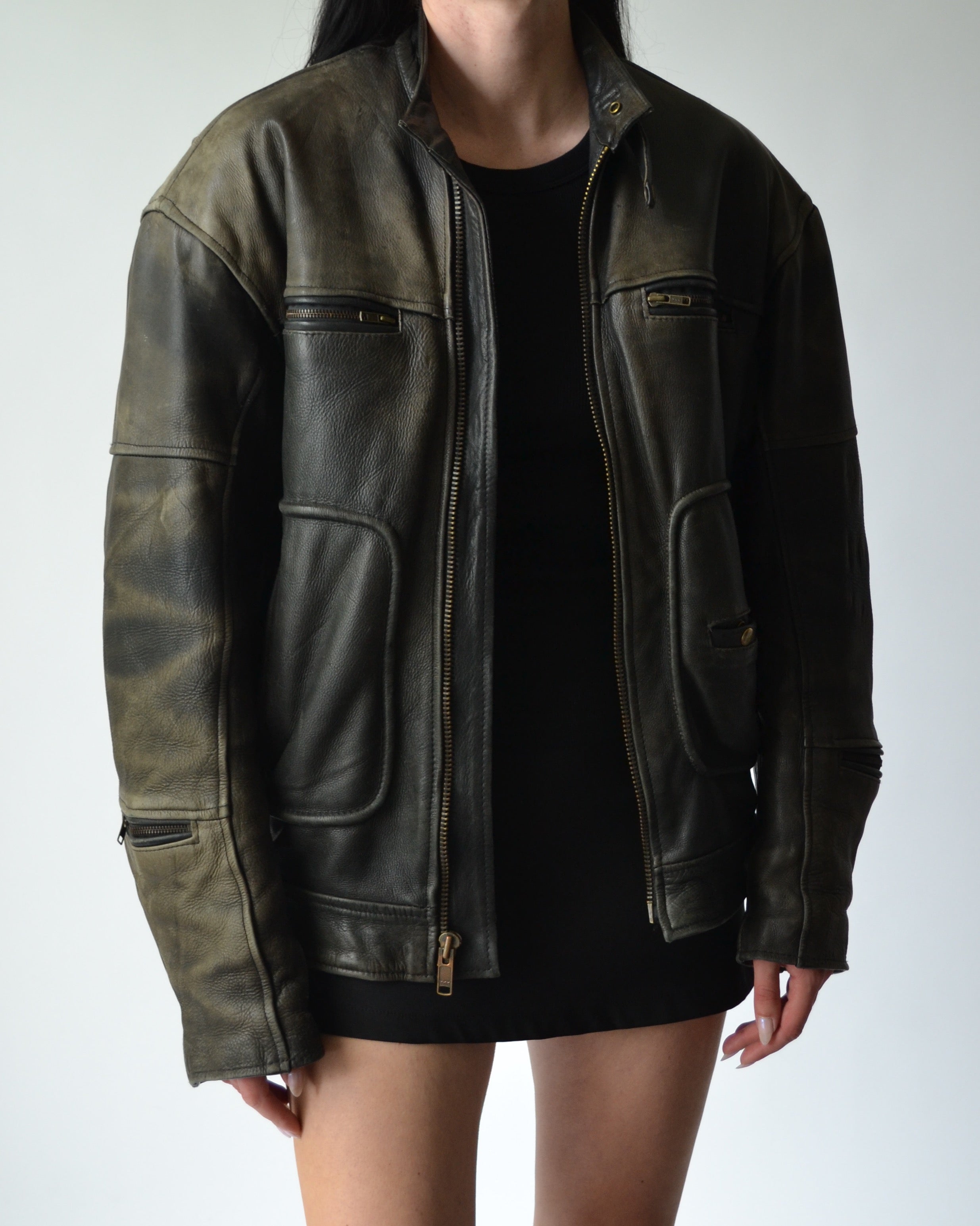 Distressed leather motorcycle outlet jacket