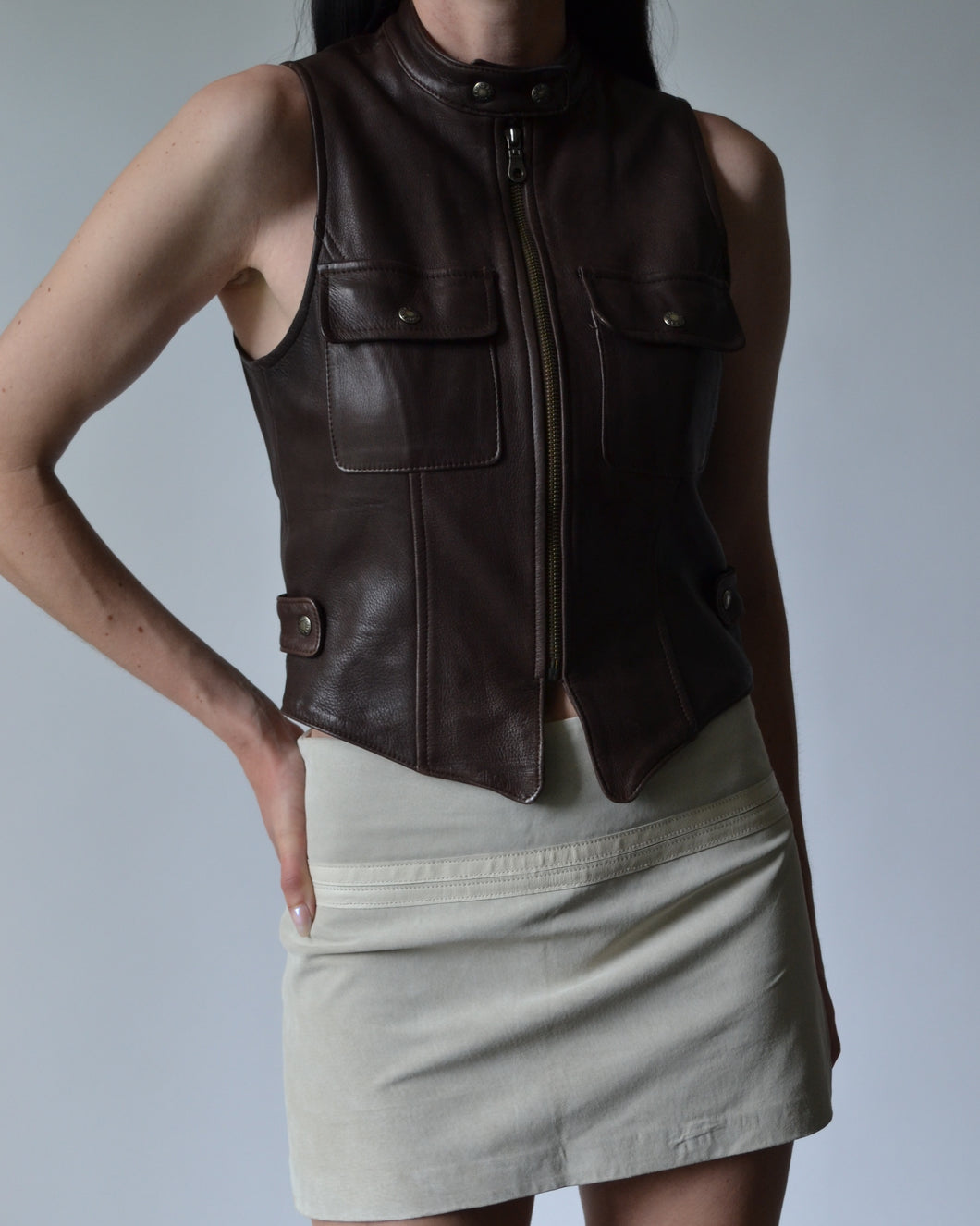 Brown Leather Sleeveless Moto Vest