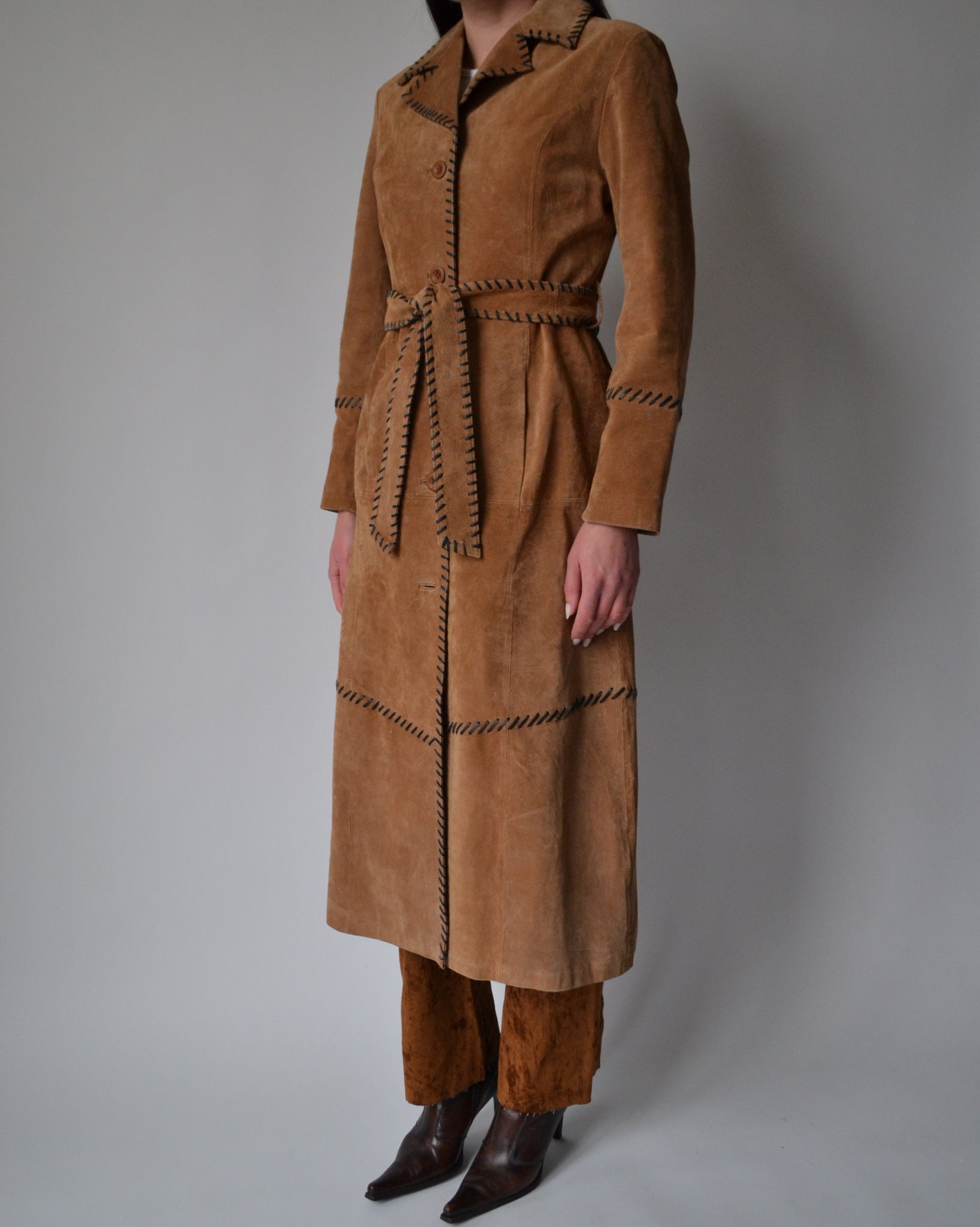 Vintage Suede Contrast Stitch Long Coat – 23 Lux