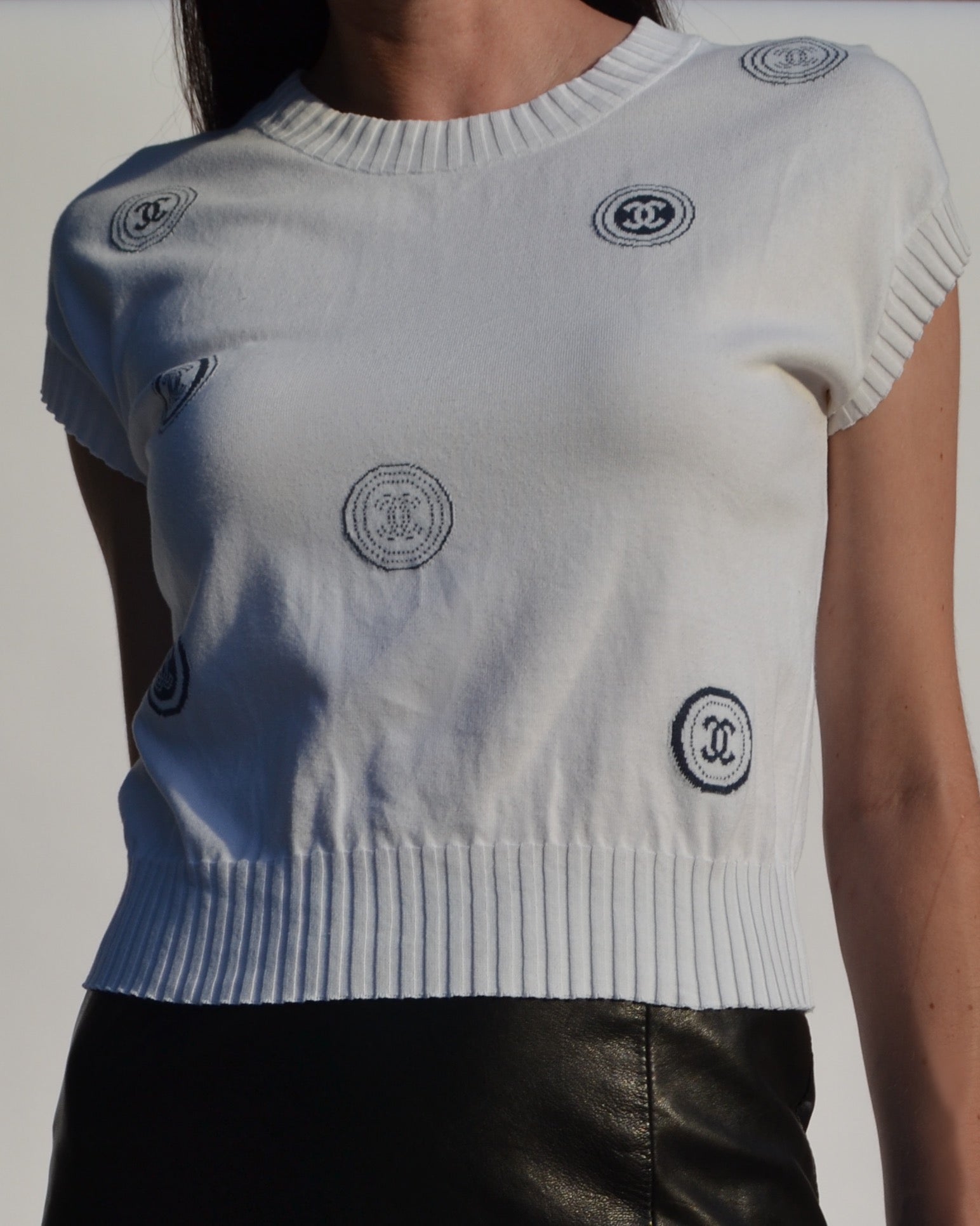 Chanel CC Logo Short Sleeve Sweater