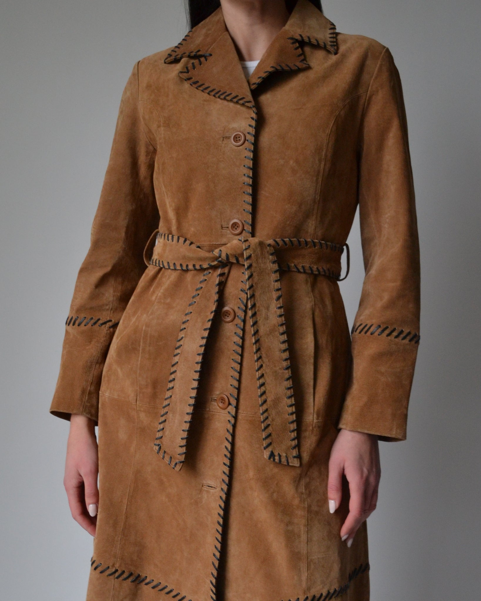 Vintage Suede Contrast Stitch Long Coat – 23 Lux