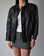 Load image into Gallery viewer, Distressed Black Leather Bomber Jacket
